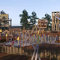 Outdoor Playground With Wooden Structures Slide Climbing Frame And Tree House For Kids Playing