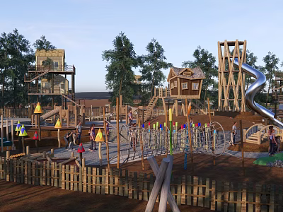 Outdoor Playground With Wooden Structures Slide Climbing Frame And Tree House For Kids Playing 3d model