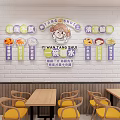 Colorful Restaurant Wall Decor with Cartoon Girl Food Item Icons and Chinese Characters