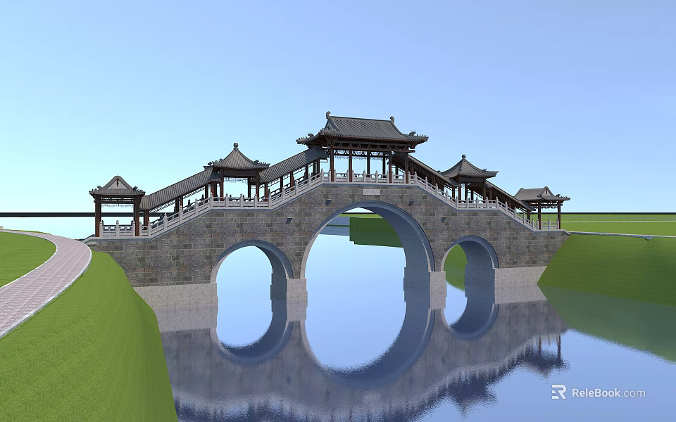 Chinese Traditional Stone Arch Bridge With Pavilions Over Water And Reflection In Blue Sky 3d model 