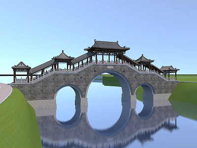 Chinese Traditional Stone Arch Bridge With Pavilions Over Water And Reflection In Blue Sky 3d model