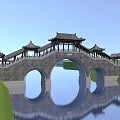 Chinese Traditional Stone Arch Bridge With Pavilions Over Water And Reflection In Blue Sky