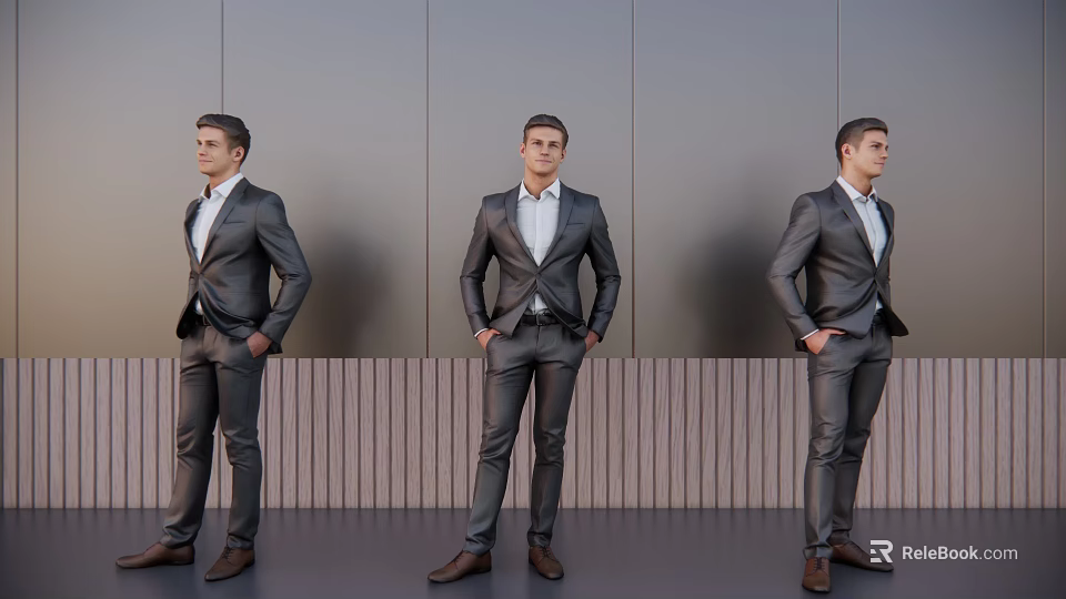 Three Men In Formal Suits Standing Against Gray Wall With Wooden Paneling 3d model 