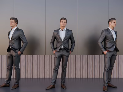 Three Men In Formal Suits Standing Against Gray Wall With Wooden Paneling 3d model