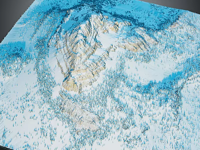 Garden Landscape Featuring Snowy Mountain Peaks Blue Snowfield And Green Trees 3d model