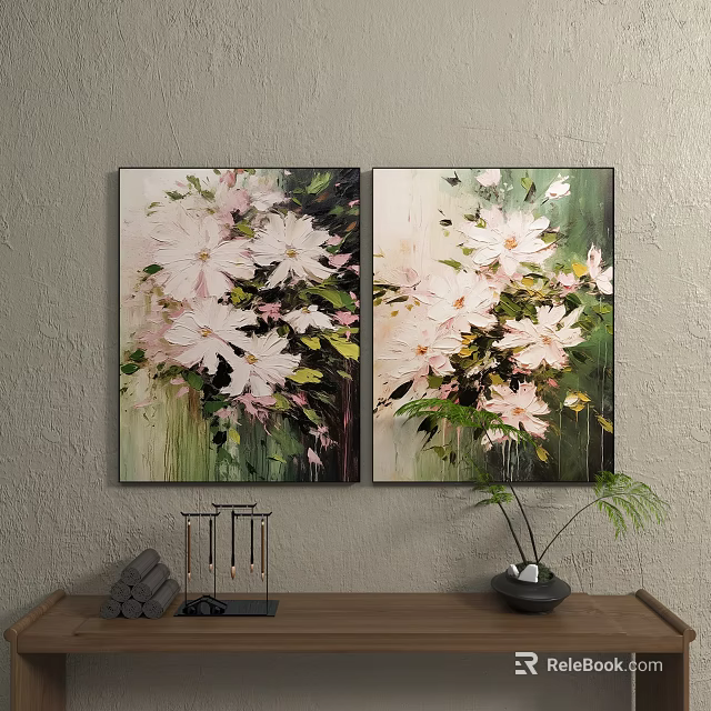 Decorative Plant Paintings With Pink White Flowers And Green Leaves Wall Art 3d model 