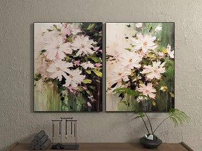 Decorative Plant Paintings With Pink White Flowers And Green Leaves Wall Art 3d model