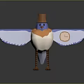 Cartoon Flying Bird Wearing Brown Top Hat with Blue Wings Clock Design and Striped Legs