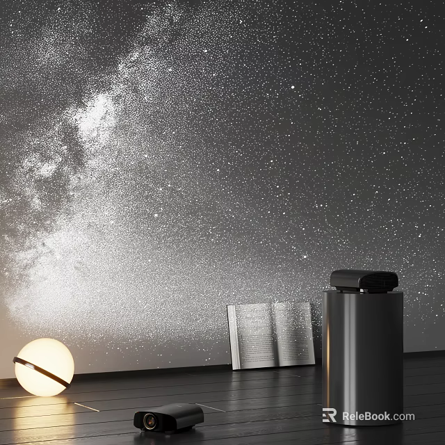 Starry Sky Wall Interior With Open Book Round Lamp And Black Trash Bin 3d model