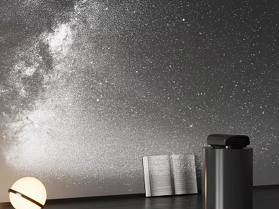 Starry Sky Wall Interior With Open Book Round Lamp And Black Trash Bin 3d model