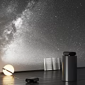 Starry Sky Wall Interior With Open Book Round Lamp And Black Trash Bin 3d model