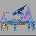 Vibrant Blue Butterfly Surrounded By Colorful Hanging Flowers And Geometric Crystals