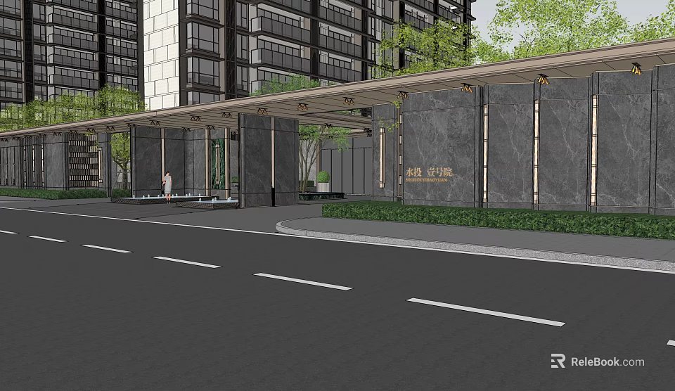 Modern Residential Entrance Gate Architectural Design With Canopy Stone Wall And Greenery 3d model 
