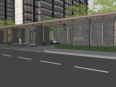 Modern Residential Entrance Gate Architectural Design With Canopy Stone Wall And Greenery 3d model