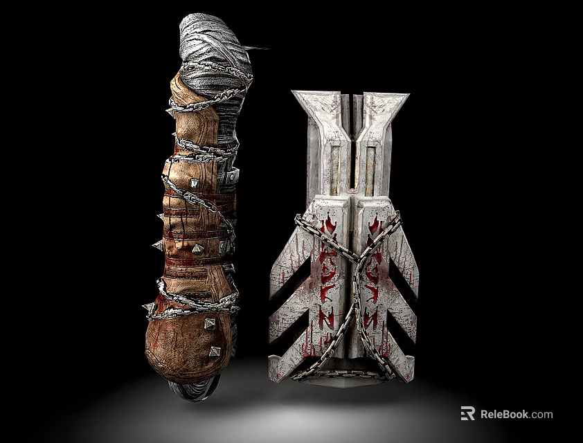 Two Medieval Weapons With Spiked Rope Wrapped Shaft And Metal Geometric Red Patterned Surface 3d model 
