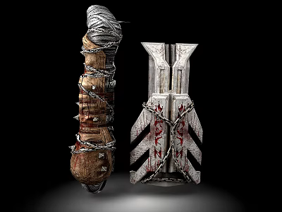 Two Medieval Weapons With Spiked Rope Wrapped Shaft And Metal Geometric Red Patterned Surface 3d model