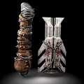Two Medieval Weapons With Spiked Rope Wrapped Shaft And Metal Geometric Red Patterned Surface