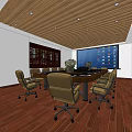 Modern Conference Room Interior with Long Meeting Table Brown Leather Chairs Wooden Ceiling and Floor