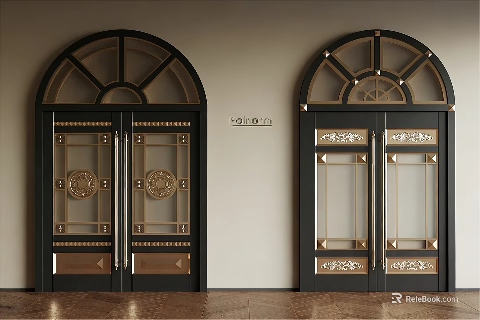 Elegant Ornate Double Doors With Dark Frame Gold Accents Glass Panels 3d model 