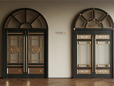 Elegant Ornate Double Doors With Dark Frame Gold Accents Glass Panels 3d model