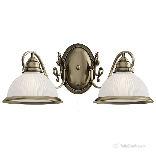 Brass Wall Sconce With Two White Ribbed Lampshades Decorative Base And Pull Chain Switch 3d model 