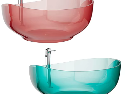 Modern Design Two Transparent Bowl Shaped Red And Blue Washbasins With Faucets 3d model