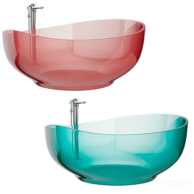 Modern Design Two Transparent Bowl Shaped Red And Blue Washbasins With Faucets 3d model