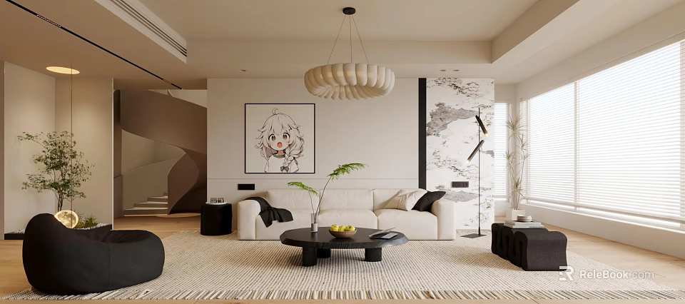 Modern Living Room Interior With Beige Sofa Black Coffee Table Anime Painting Wavy Pendant Light 3d model 