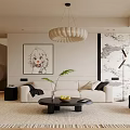 Modern Living Room Interior With Beige Sofa Black Coffee Table Anime Painting Wavy Pendant Light