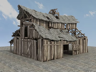 Dilapidated Old Wooden House With Broken Roof And Rustic Wooden Structure On Stone Ground 3d model