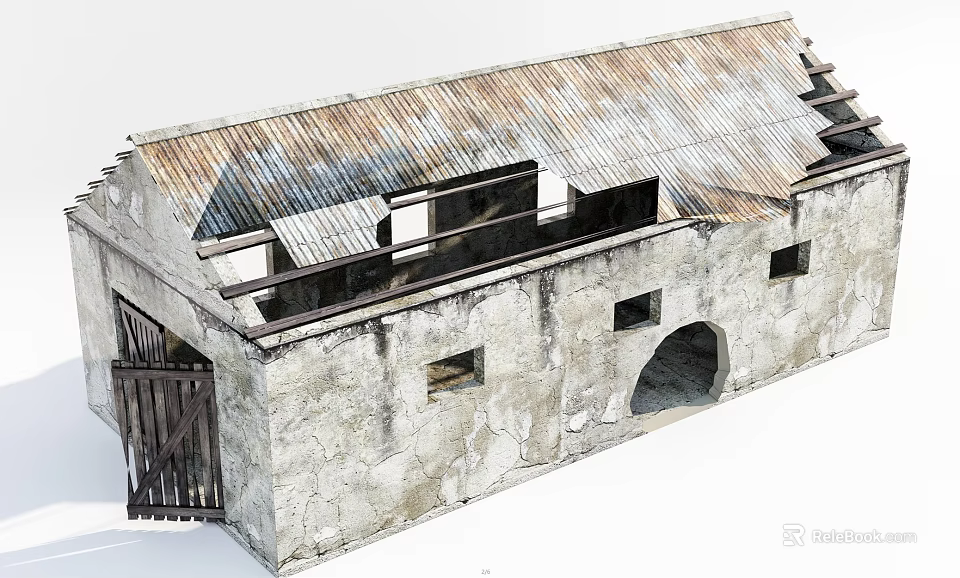 Old Stone Building With Rusted Metal Roof And Wooden Door Structure 3d model 