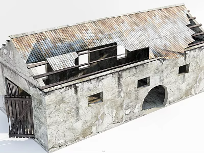 Old Stone Building With Rusted Metal Roof And Wooden Door Structure 3d model
