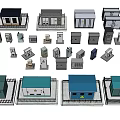 3D Small Building Models With Blue Roofs White Walls And Square Shapes