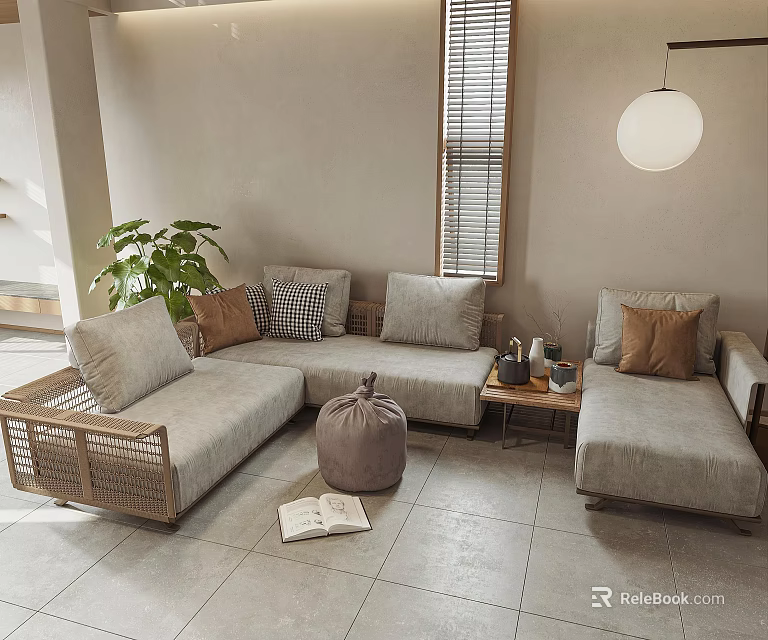 Light Gray Multi Person Sofa With Cushions Green Plant And Coffee Table In Living Room 3d model 