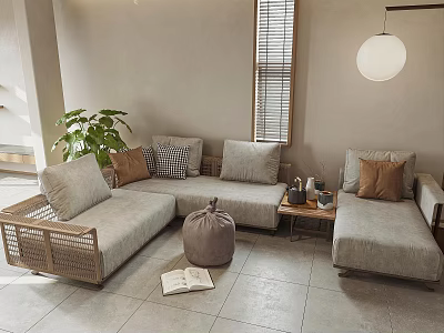 Light Gray Multi Person Sofa With Cushions Green Plant And Coffee Table In Living Room 3d model