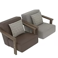 Brown Leather Armchair With Wooden Arms Metal Rivets And Striped Cushion
