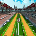 Cartoon Indoor Bicycle Track Stadium With Circular Path Spectator Seats And Flags