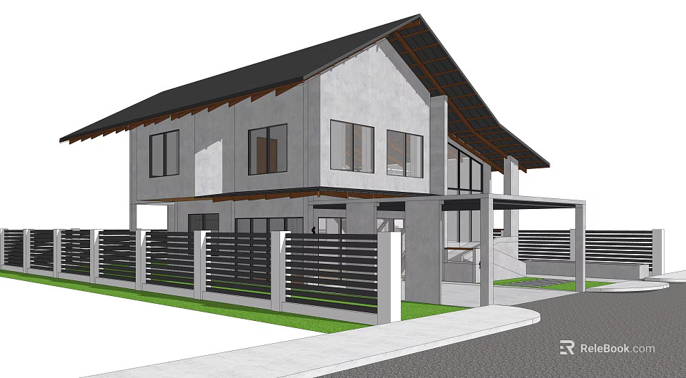 Modern Single Family House With Gray Exterior Black Roof Windows Fence And Lawn 3d model 