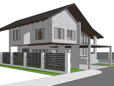 Modern Single Family House With Gray Exterior Black Roof Windows Fence And Lawn 3d model