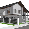 Modern Single Family House With Gray Exterior Black Roof Windows Fence And Lawn
