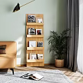 Modern Storage Shelf in Living Room with Books Decorative Items Green Plant and Sofa
