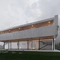 Modern Detached Villa With Concrete Exterior Large Glass Windows And Green Lawn