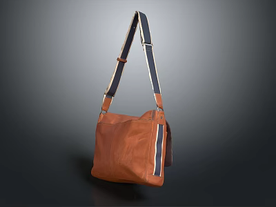 Trendy Brown Leather Shoulder Bag With Blue Beige Strap Fashion Accessory 3d model