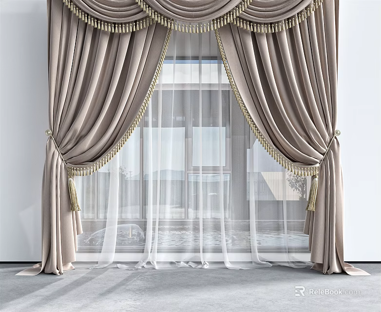 Elegant Beige Curtains With Tassel Trim And Sheer Undercurtain For Living Room Window 3d model 