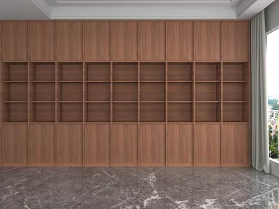 Wooden Display Shelves on Wall with Multiple Compartments Marble Floor and Window Interior Design 3d model