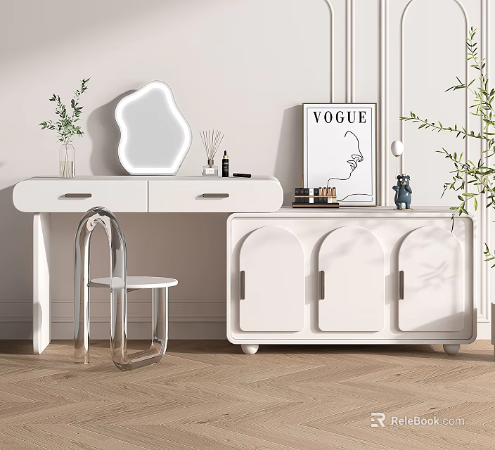 Modern White Dressing Table with Unique Shaped Mirror Transparent Chair and Green Plants 3d model 