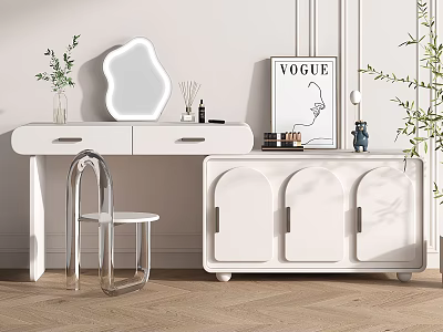 Modern White Dressing Table with Unique Shaped Mirror Transparent Chair and Green Plants 3d model