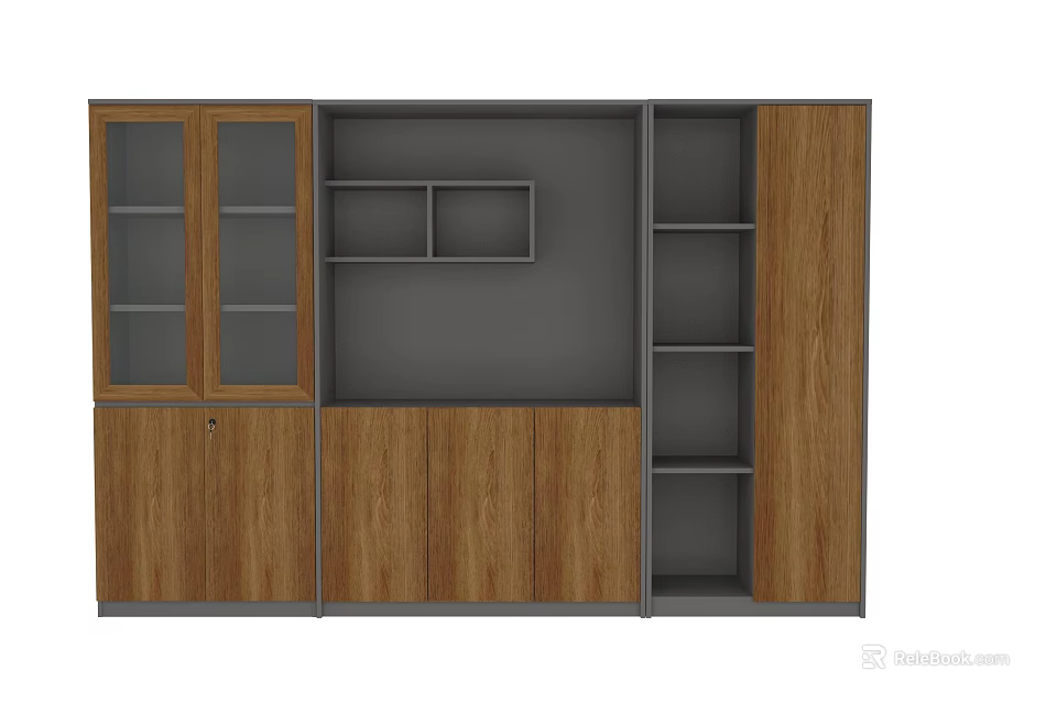 Wooden Bookcase Design With Glass Door Cabinets Open Shelves Gray Panel And Storage 3d model 