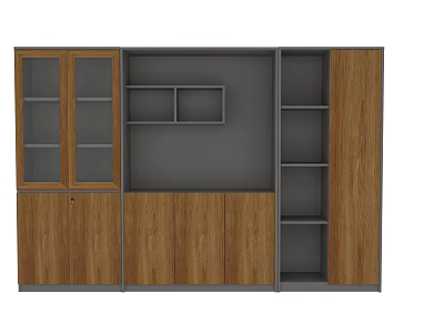 Wooden Bookcase Design With Glass Door Cabinets Open Shelves Gray Panel And Storage 3d model