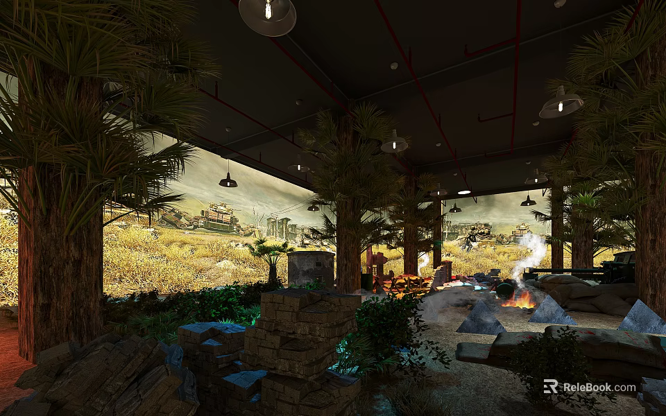 Indoor Themed Space Featuring Palm Trees Desert Mural Stone Structures Bonfire And Greenery 3d model 